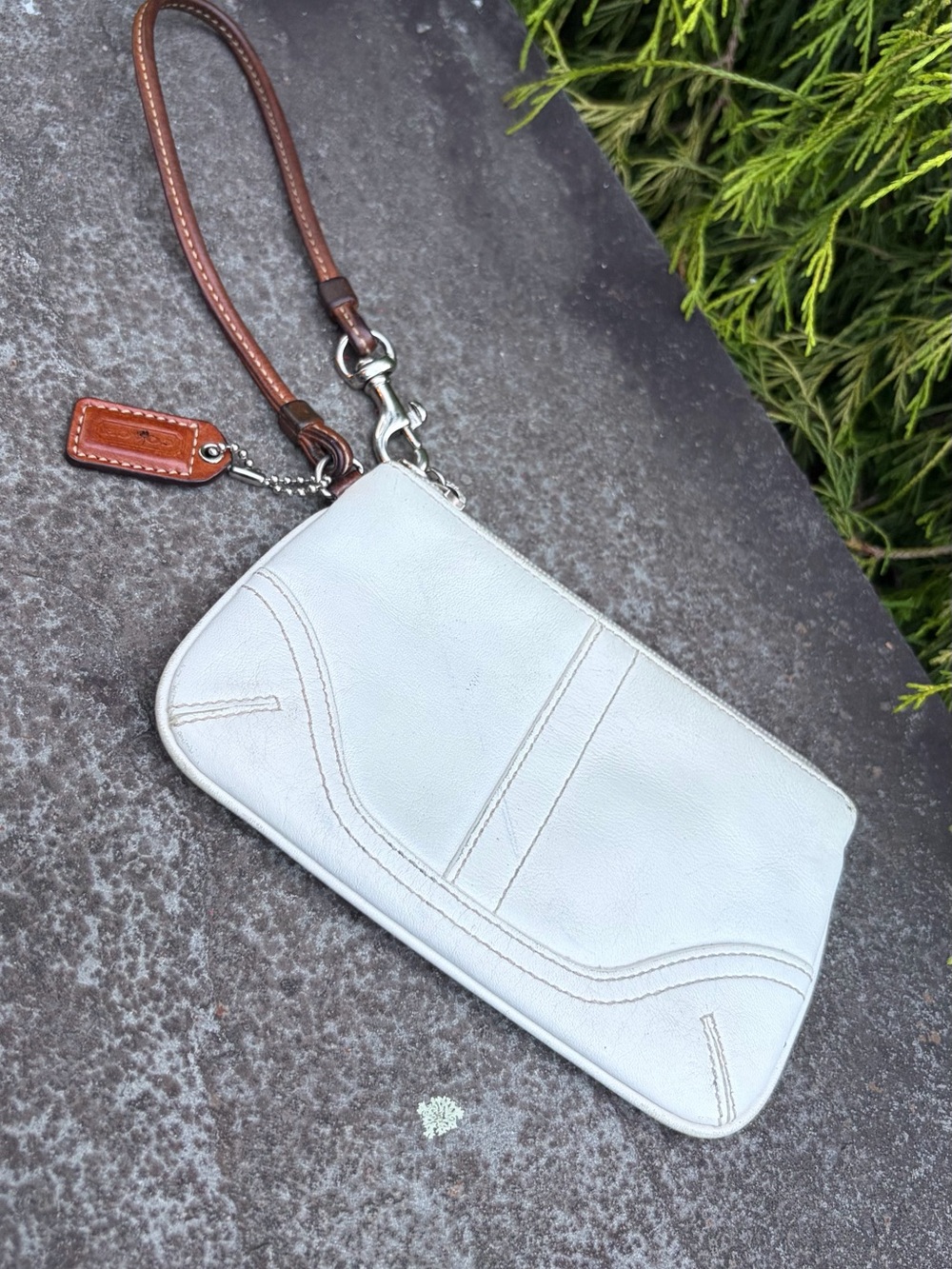 Coach White Leather Wristlet with Brown Strap & Hangtag